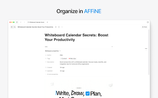 AFFiNE Web Clipper :: Save pages in a private and durable format that you can access offline. The official extension for AFFiNE.