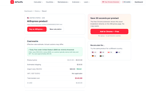 AliExpress Tariffs - AliExpress Tariff Calculator by AliTariffs :: See the real landed cost (duty + VAT) on every AliExpress product. Free, no signup. 30+ countries. Auto-applies affiliate links.
