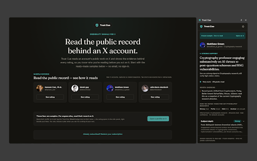 Trust Cue: X (Twitter) Credibility Ratings :: Check an account before you act on its post. Evidence-backed credibility ratings for X (Twitter) accounts, right in your feed.