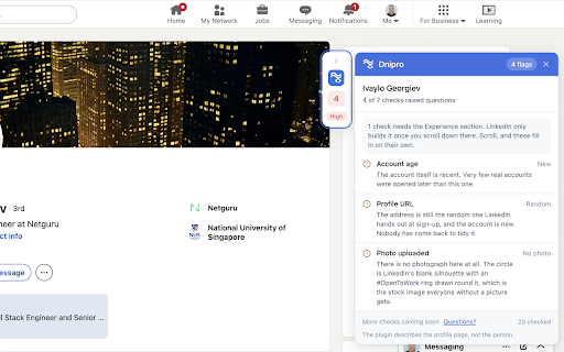 Dnipro: Profile Checker for LinkedIn :: Reads LinkedIn profiles for signals pointing to fabricated profiles.