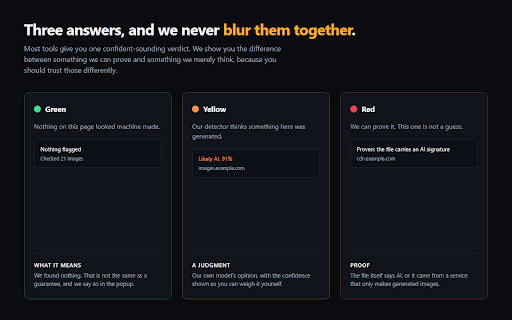 Imposter Shield - AI Image Detector :: Flags AI images and videos as you browse. Reads YouTube, TikTok and Facebook AI labels and spots Sora watermarks. Nothing uploaded.