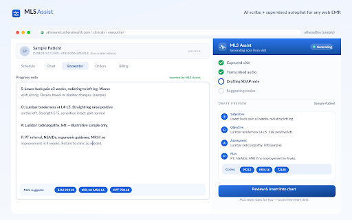 MLS Assist :: Clinician companion for MLS Scribe and athenaOne. Reads only when requested, drafts notes, and requires review.