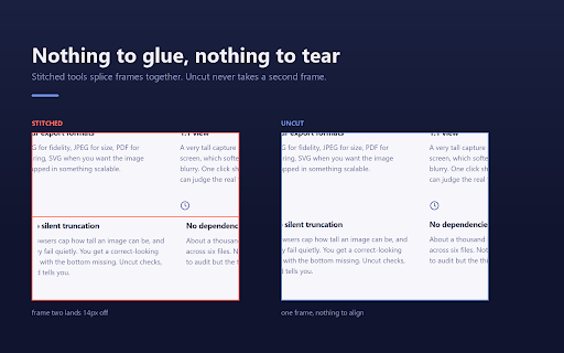 Uncut: Full Page & Responsive Screenshots :: Full page screenshot in one pass, no seams. Capture any screen width, edit it, and export PNG, JPEG, PDF or SVG.