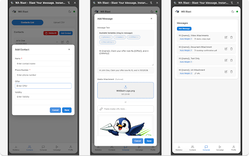 WA Blast - Blast Your Message. Instantly. :: WA Blast automates WhatsApp Web messaging, enabling bulk and personalized sends, media sharing, and full campaign control.