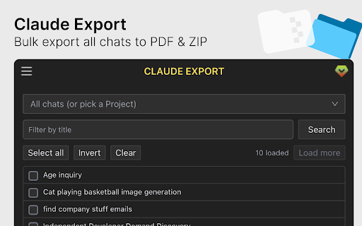 Claude Export – Export Chats to PDF, Markdown & JSON :: Export Claude conversations to Markdown, JSON, CSV, TXT and HTML. Select messages or bulk backup your chats.