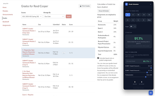 Canvas Grade Calc — What Do I Need? :: See your real grade, simulate what-if scenarios, and find out what you need to pass. Works on any Canvas LMS page.