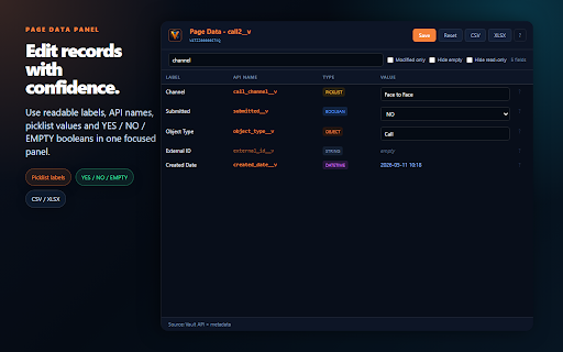 Veeva Vault Admin Helper :: Productivity tool for Veeva Vault CRM admins - API badges, record editing, metadata export (CSV/XLSX/JSON), bulk import and search.