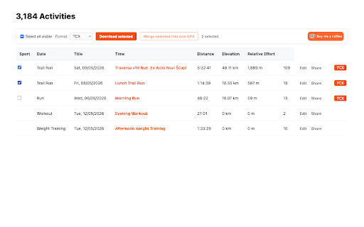 Strava Bulk GPX Export :: Bulk export from Strava's My Activities - GPX, TCX, original files, or one merged GPX. Runs locally in your browser.