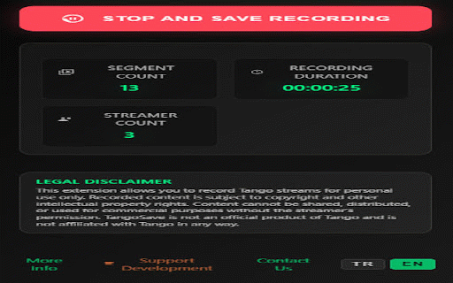 TangoSave Stream Recorder :: Tango platformundaki tüm canlı yayınları kolayca kaydetmenizi sağlayan tamamen ücretsiz ve kullanıcı dostu bir Chrome eklentisidir.