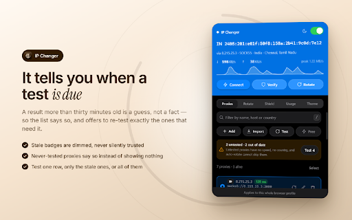 IP Changer — Proxy Switcher & IP Rotator :: Switch, test and auto-rotate HTTP/SOCKS5 proxies. Per-proxy speed, country and leak checks. A developer tool, not a VPN.