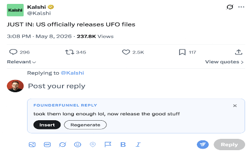 FounderFunnel for X :: Generate replies AND posts in your voice on X. Reply, quote-react to trends, or write original posts with a guided interview.