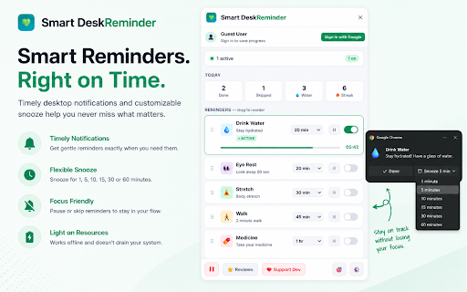 Smart Desk Reminder — Health & Productivity Reminder :: Smart reminders for water, eye rest, stretch, walk & medicine. Live timers, working hours, custom reminders. Free.