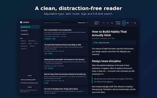 Lectern — Read It Later, Offline & Private :: Save articles for later with one click. Clean reader view, tags, search and Markdown export. 100% local: no account, no cloud.