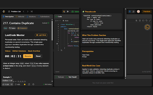LeetCode Mentor :: AI-powered LeetCode companion: pseudocode hints, smart insights, personal notes & progress dashboard. Ace your coding interviews.
