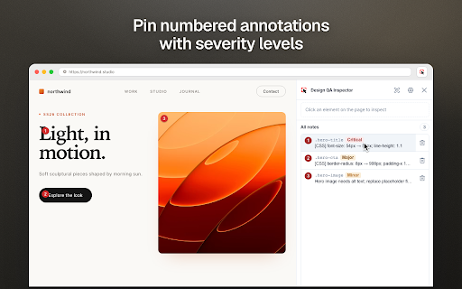 Design QA Inspector :: Design QA: inspect elements, annotate issues, apply CSS edits, match design tokens, and export PNG, HTML, or Jira tickets locally.