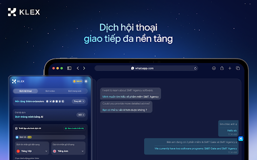 Klex :: Trợ lý dịch Klex - Dịch tức thì trang web, hội thoại chat và phụ đề video ngay trên trình duyệt — nhanh, gọn, không rời trang.