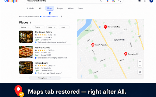 Return Google Maps :: Restores the Maps tab and clickable map thumbnails on Google Search (EU).