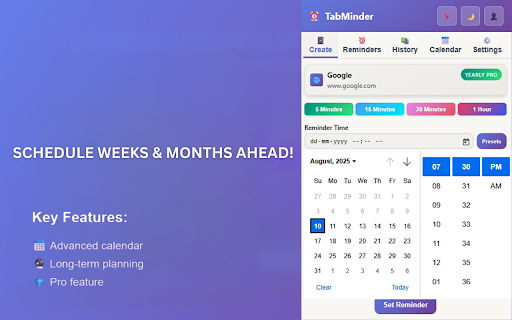 Tab Reminders – Smart Tab Reminder by TabMinder :: Tab reminders for Chrome. Set tab reminders to revisit websites later with smart notifications by TabMinder.