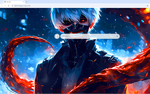 Ken Kaneki Live Wallpaper :: Ken Kaneki stands with glowing red eyes, a crimson arm, and snow falling on a blue backdrop.