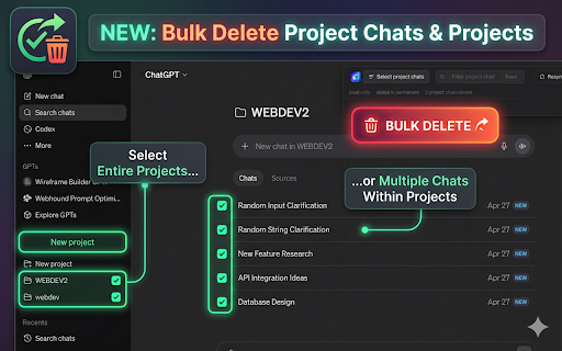 ChatGPT Bulk Delete :: Bulk delete ChatGPT chats faster with local search, year filters, and loaded Project chat selection.