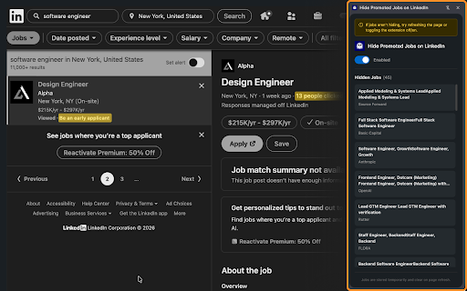 Hide Promoted Jobs on LinkedIn :: Automatically hides promoted jobs and sponsored content on LinkedIn job search pages