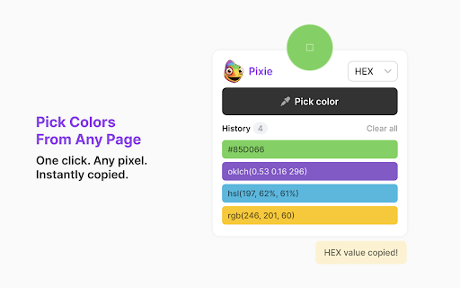 Pixie - Color Picker :: Pick any color from a webpage, copy it in modern CSS formats, and save it to your history.