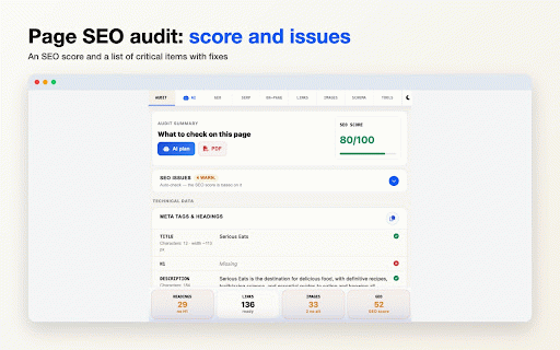 AI SEO & GEO Site Audit :: AI audit of SEO and GEO right on the page: action plan (what to rewrite), meta tags, headings and AI-bot access check.