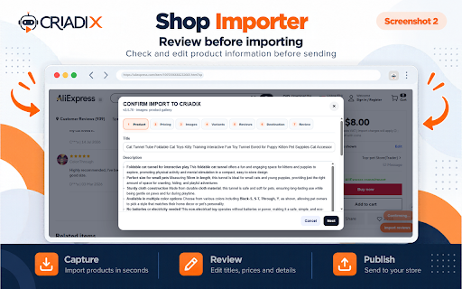 Criadix Shop Importer :: Capture products and reviews from supported marketplaces and import them through Criadix Shop Importer.