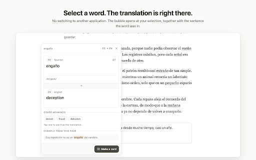 MindDory: Vocabulary Builder & Grammar Checker :: Select a word on any page to see the translation and save it as a card. Select a sentence you wrote and it checks your grammar.