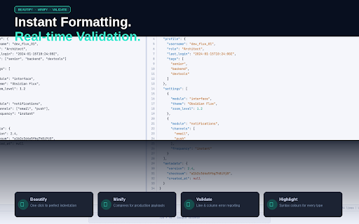 DevJSON - Advanced JSON & XML Formatter :: The cleanest JSON & XML viewer for developers. Beautify, minify, validate, tree view, copy path. Fast, private, zero bloat.