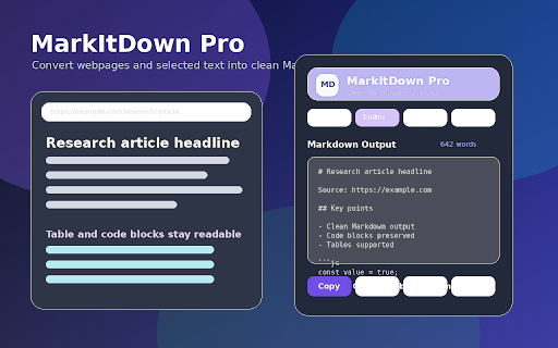 MarkItDown Pro - Web to Markdown :: Convert webpages and selected text into clean Markdown for notes, research, coding, and documentation.
