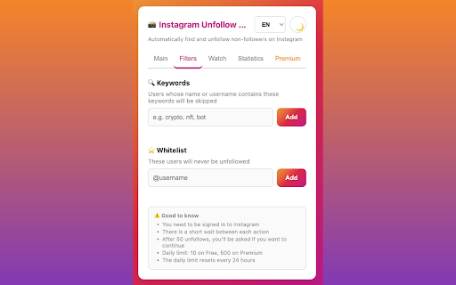 Instagram Unfollow Radar :: Automatically detect and unfollow users who don't follow you back on Instagram