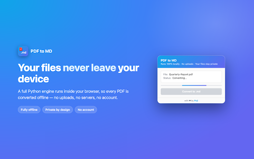 PDF to MD :: Convert any PDF tab to Markdown — 100% local, no uploads, no servers. Your files never leave your browser.