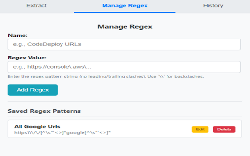 URL Extractor Pro :: Extracts URLs from HTML using custom regex, manages regex patterns, and keeps a history.