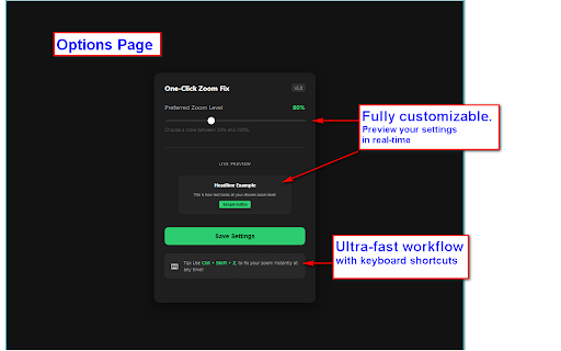 One-Click Zoom Fix - for Google Chrome :: Free tool to fix web zoom with one click! Set your preferred zoom level and restore your perfect focus every time.