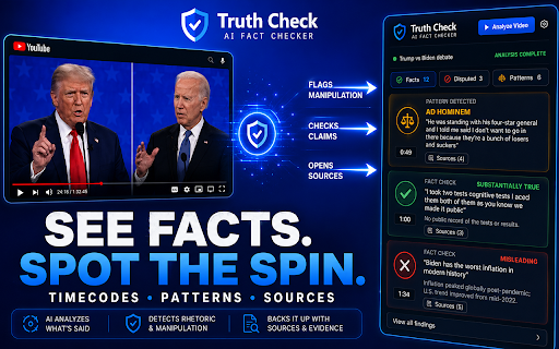Truth Check - AI Fact Checker :: Use this AI fact checker on political debates and speeches. Get a fact check verdict, spot manipulation, see the sources on YouTube.