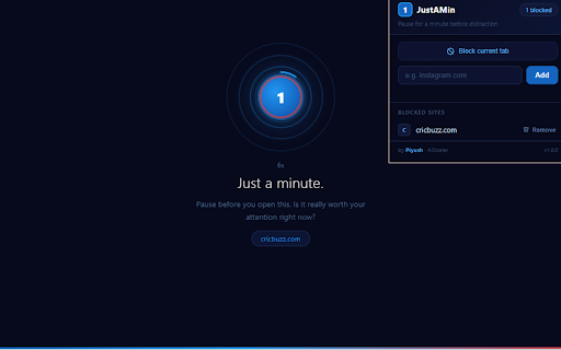 JustAMin - Mindful Browsing :: Pause one minute before opening distracting sites. Block any site, build focus habits, and stay in control of your time.