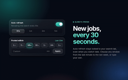 Job Sniper - Newest LinkedIn Jobs, Auto-Refresh & Hide Promoted :: Get the latest LinkedIn jobs first. Auto-refresh your search, filter by time, work type & experience, hide Promoted & Viewed jobs.