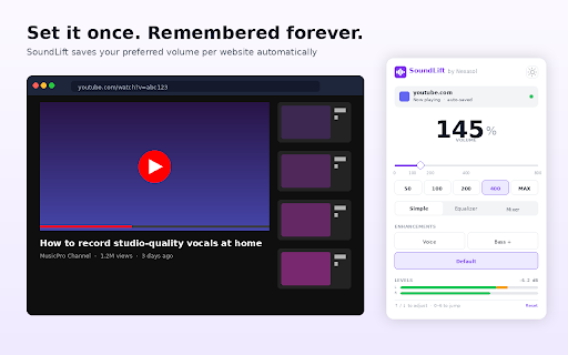 SoundLift — Volume Booster for Zoom, Teams, Meet & Music :: Boost any tab up to 800%. Louder Zoom calls, Teams meetings, YouTube, Netflix. Equalizer, per-site memory, multi-tab mixer.
