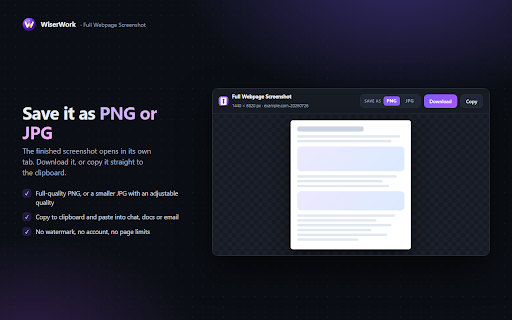 Full Webpage Screenshot - WiserWork :: Capture an entire scrolling web page as one PNG or JPG. Fast, watermark-free, and everything stays in your browser.
