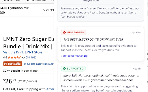 Marketing Claims Analyzer :: Analyze marketing claims on any product page. Get AI-powered verdicts: Supported, Misleading, or Unverified.
