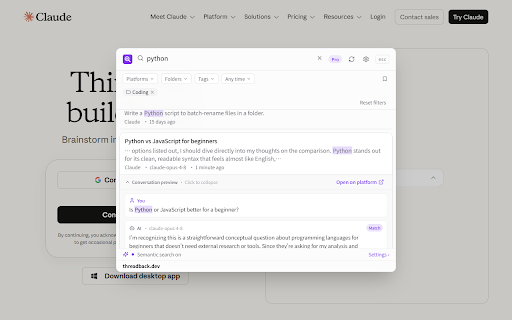 Threadback – Search Your AI Chat History :: Search, organize & export your AI chat history (ChatGPT, Claude & more). Local-first, zero upload. threadback.dev