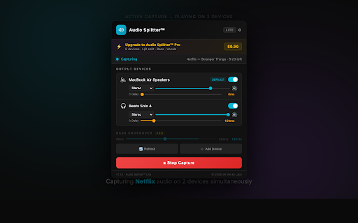 Audio Splitter Lite :: Route tab audio to multiple Bluetooth speakers at once. Free: 2 devices. Pro: 5 devices, L/R split, bass & vocals.