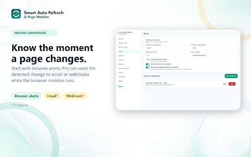 Smart Auto Refresh & Page Monitor :: Auto-refresh tabs and monitor prices, stock, jobs, tickets, or any page change. Get browser, email, and webhook alerts.