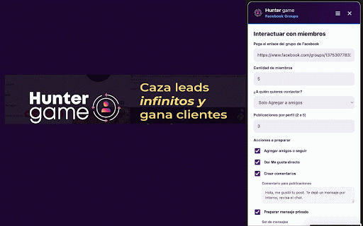 Hunter Game FB groups :: Asistente para procesar campañas de interacción configuradas por el usuario en grupos de Facebook.