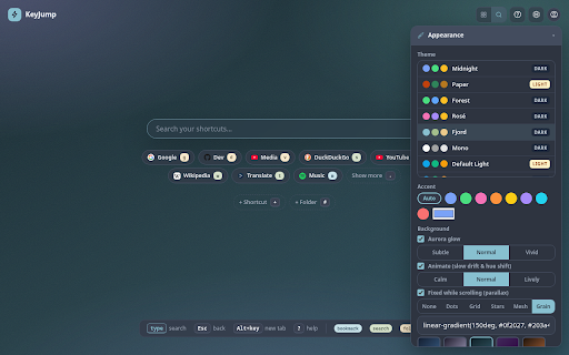 KeyJump: Keyboard-First New Tab :: Keyboard-first new tab: one key opens your pages, folders and searches. Themes, wallpapers, safe sync, and an on-page overlay.