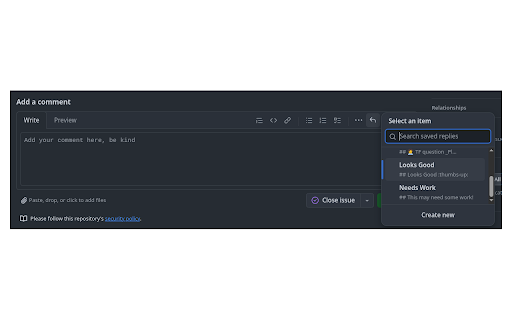Team Saved Replies :: Adds saved replies to GitHub's saved replies list when commenting on issues or pull requests.