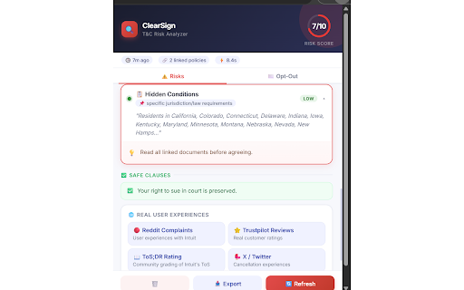ClearSign - T&C Risk Analyzer :: Detects hidden risks, dark patterns, auto-renewals, and service termination clauses in Terms & Conditions