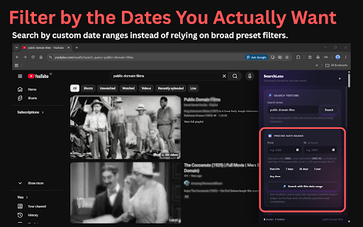 SearchLens for YouTube :: Advanced YouTube search controls for custom dates, strict matching, duration, views, channels, and cleaner results.