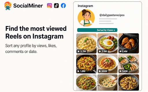 SocialMiner - Sort Feed Sorter & Downloader for Instagram, TikTok, Facebook :: Sort Instagram, TikTok & Facebook Reels/Posts by views, likes, comments, date or viral score. Bulk download videos, export CSV/JSON.